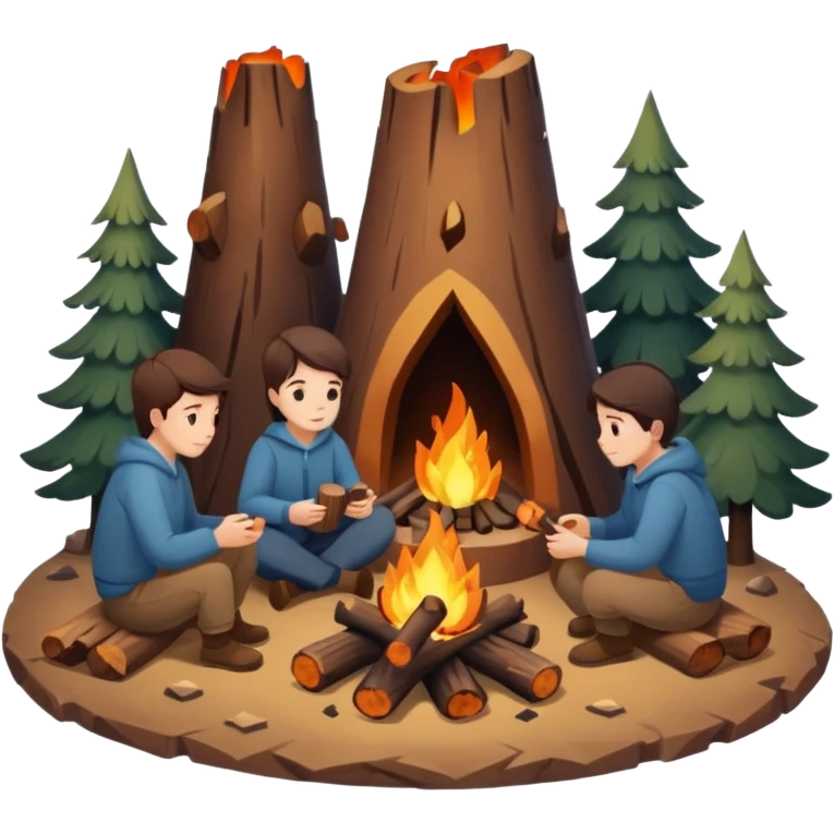 A cozy campfire emoji with two logs and glowing embers, with subtle human silhouettes sitting around. Warm tones, minimal flat emoji style, white background. emoji