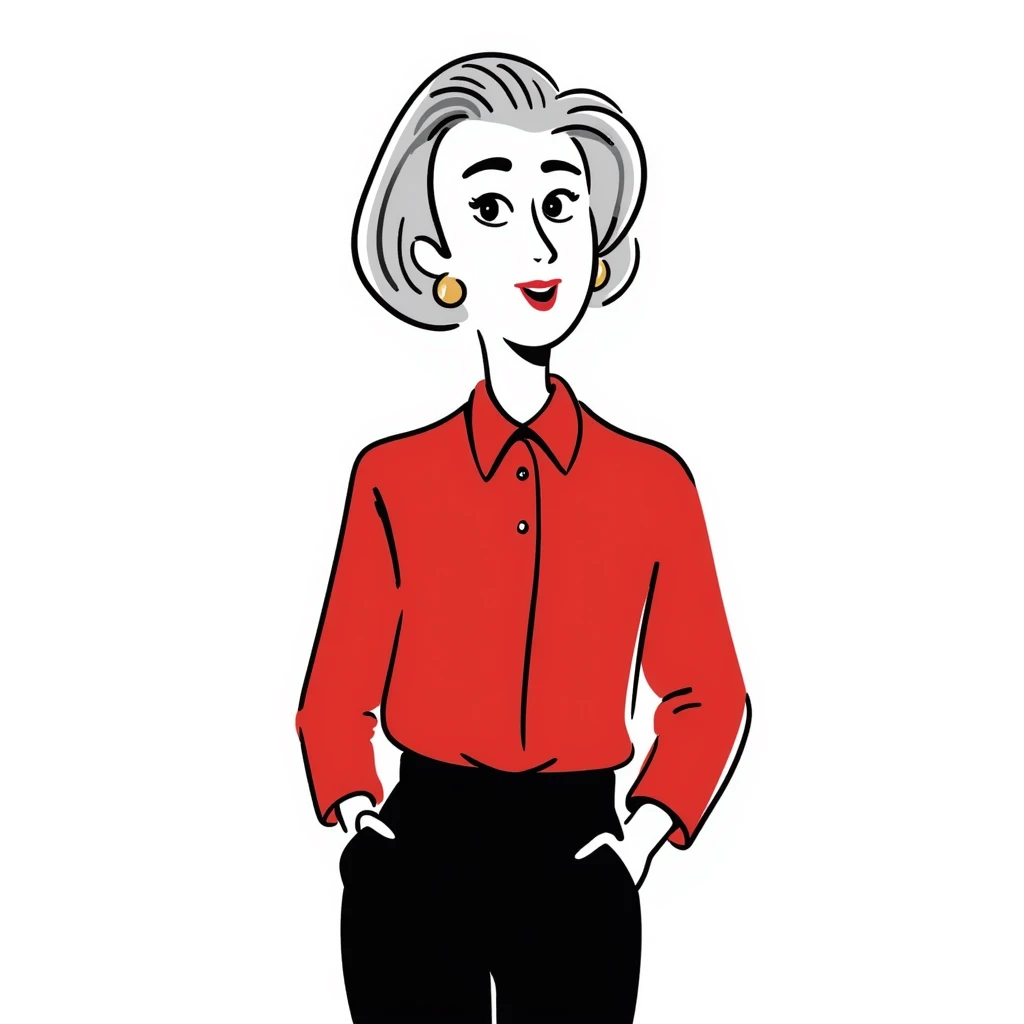Sophisticated senior woman in her 70s with radiant complexion, elegant silver-gray bob haircut, hazel eyes, defined cheekbones, wearing vibrant red lipstick and a structured red blouse emoji