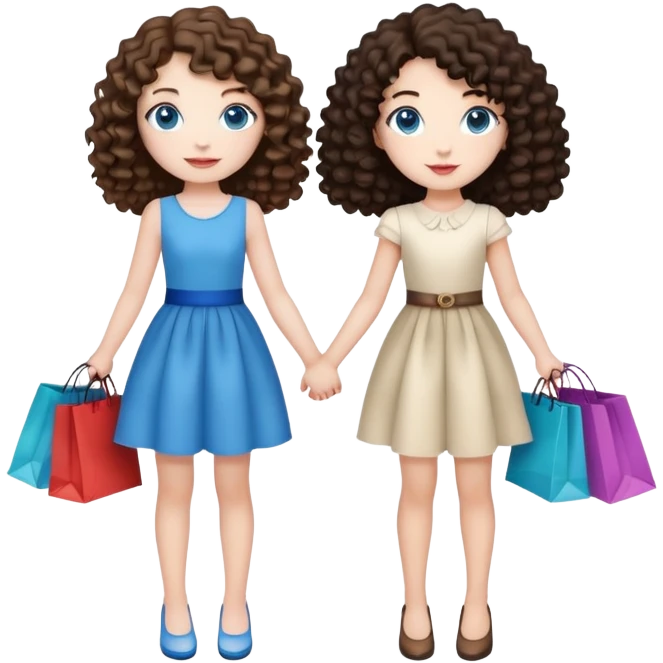 two girls, best friends, holding hands, fully body emoji, and they are holding shopping bags from fancy boutiques in their other hands. the first girl has curly medium brown hair and blue eyes and pale skin. the second girl has curly dark brown hair and light skin and dark brown eyes. emoji
