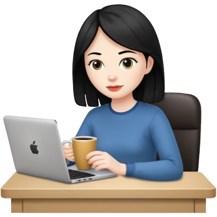 Working remote with coffee with black hair emoji