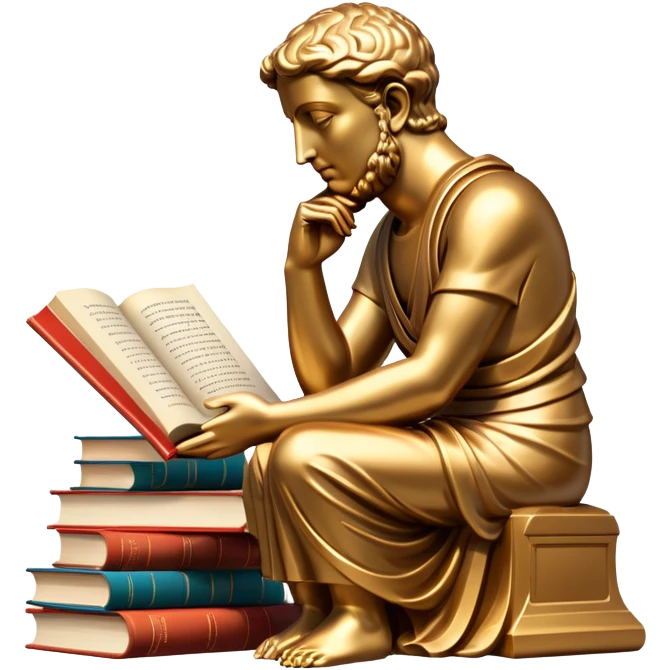 An icon featuring a thinker statue, a scroll, symbolizing philosophy. The design includes books and abstract symbols representing deep thought and wisdom. Transparent background highlights the study of ideas, logic, and existential questions emoji
