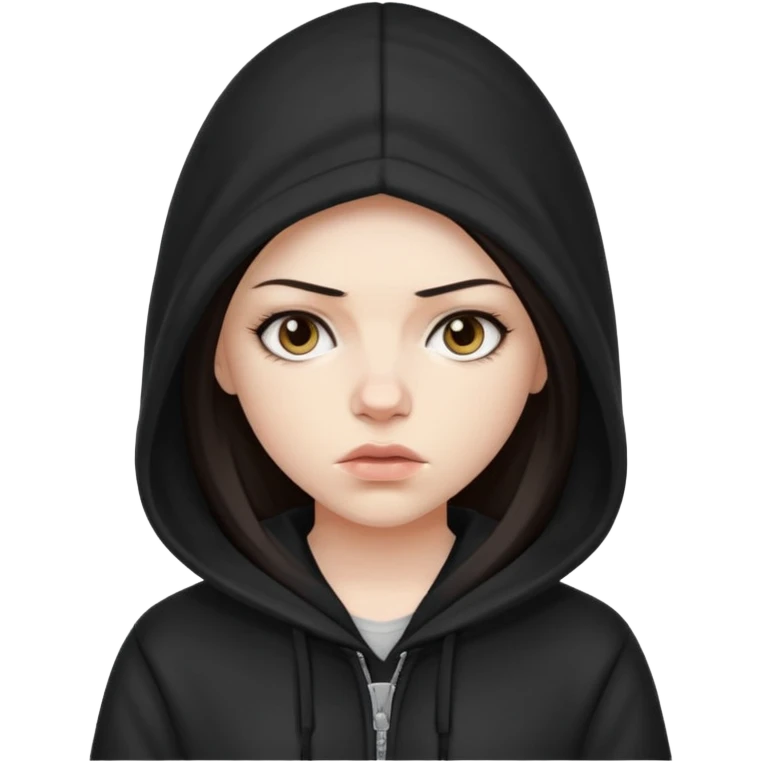 white girl with a hood on with dark hair looking like a rapper emoji
