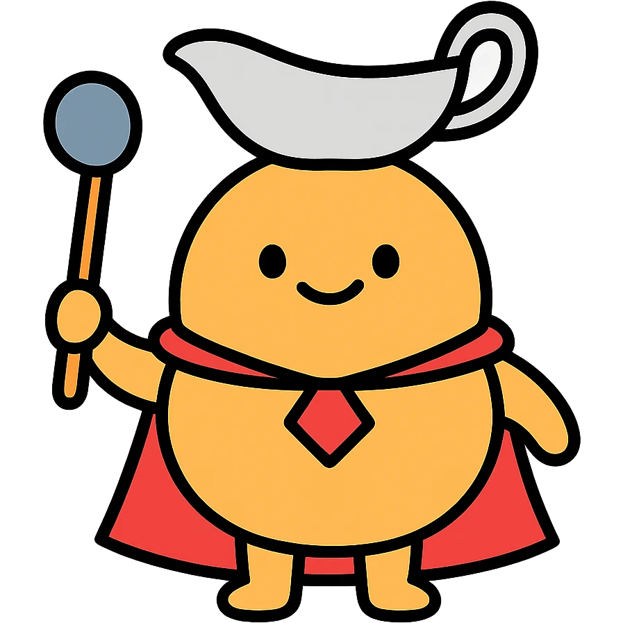mascot style Gravy Lord round friendly character with a gravy boat hat, cape, and ladle, bold simple style emoji