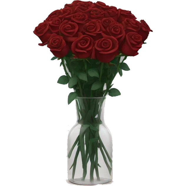 10000000 dark red  roses on stems in a clear glass vase emoji