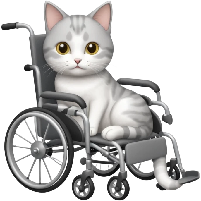 grey and white cat in a wheelchair designed for cats to walk emoji