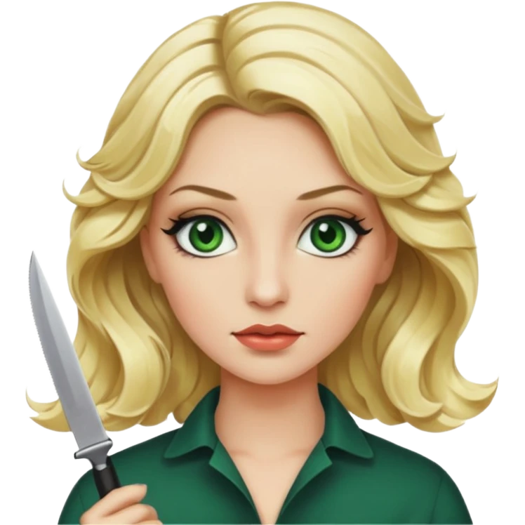 Emoji femme blonde cheveux blond ondulé, yeux vert avec de long cils noir qui porte un couteau emoji