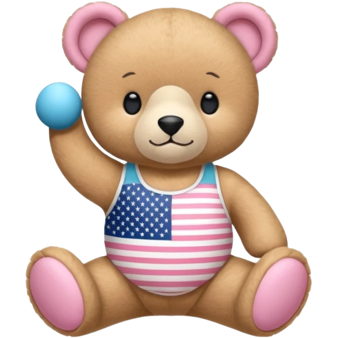osito de peluche cafe claro con ropita rosa claro y estapado de la bandera de usa y otro con una liga de pilates en la cabeza y con ropa deportiva emoji