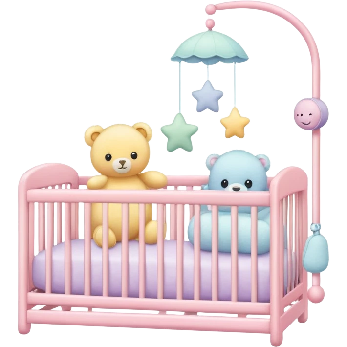 pastel baby nursery items including crib, mobile, and plush toys emoji
