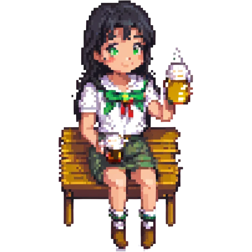 black haired girl drinking beer, pixel art style emoji