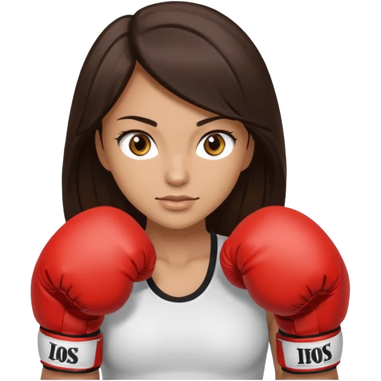 An woman with long dark brown hair light brown eyes in boxing gloves emoji