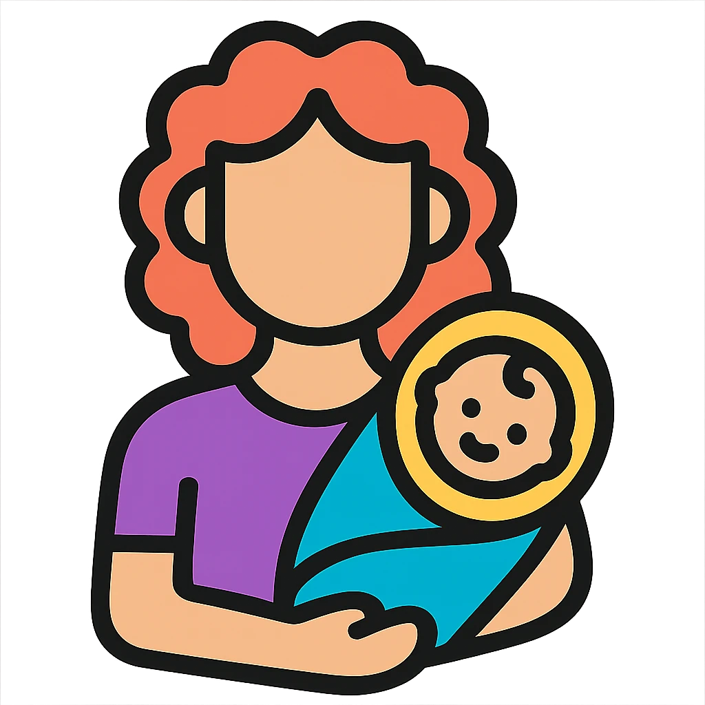 Woman with curly red hair holding a baby, wearing purple clothing, color outline style, no background. emoji