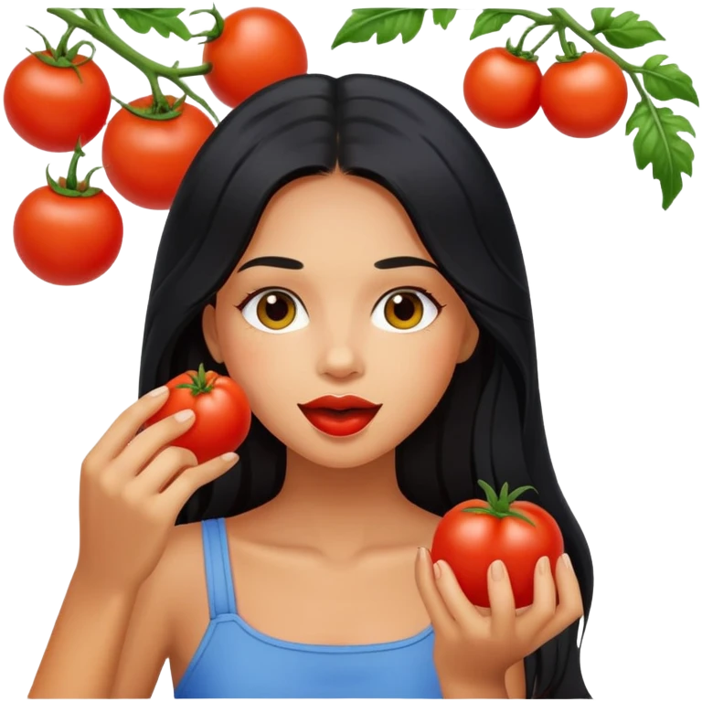 Pretty tanned girl with long black hair, eating tomatoes emoji