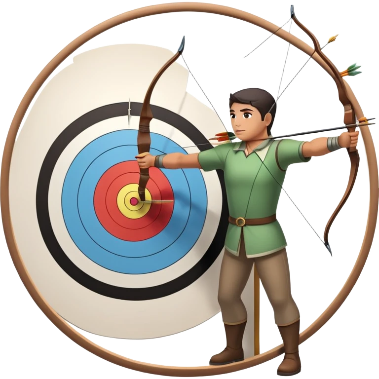An archer drawing a bow and aiming an arrow at a target, with perfect focus and precision. The target is visible in the background, featuring concentric rings. The scene captures the concentration and skill involved in archery, emphasizing the elegance and accuracy of the sport. emoji