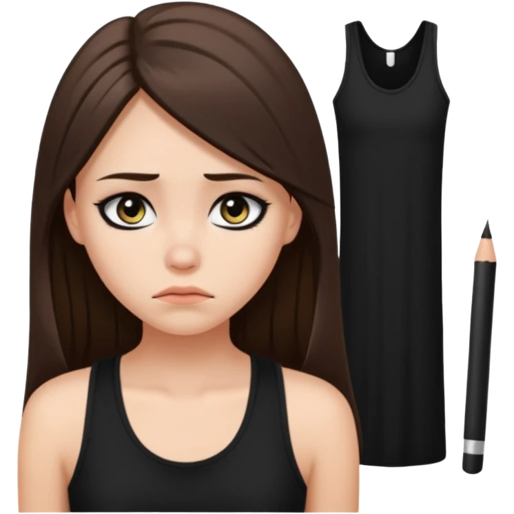 a fair girl with straight long brunette hair, black tank top, eyeliner on. Looking sad emoji