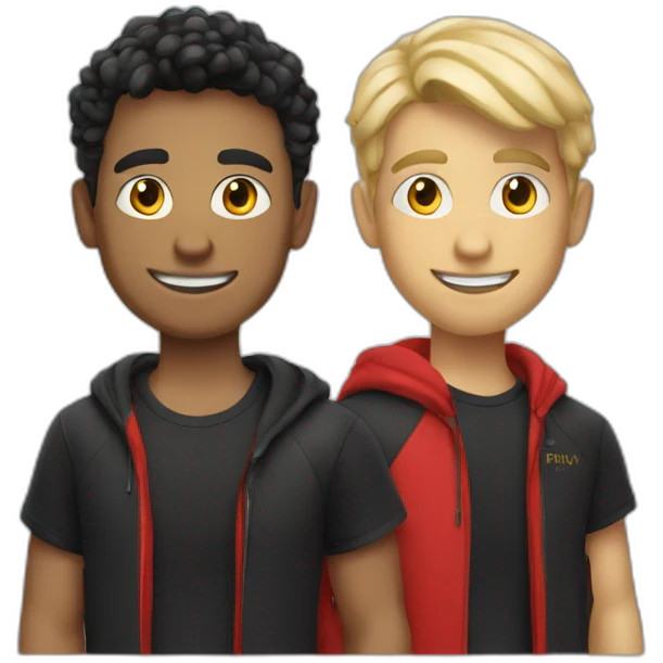 Two twin guys with a smile, medium hair black, red T-shirt with the inscription Prada emoji