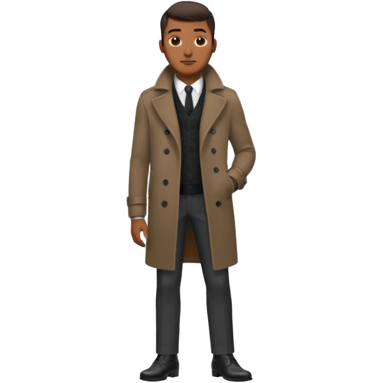 Handsome Black guy with brown skin tone, wearing black slacks, a gray sweater, long brown pea coat, and black shoes emoji