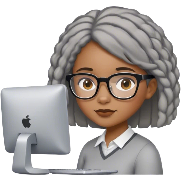 Light skinned Black girl with glasses natural gray haircut working on computer emoji