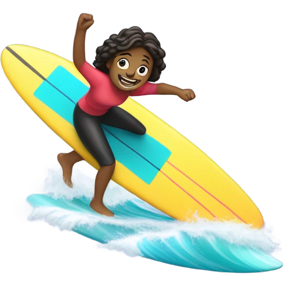 A person (🏄‍♀️) surfing on a wave (🌊). The person is smiling and riding a bright-colored surfboard. emoji
