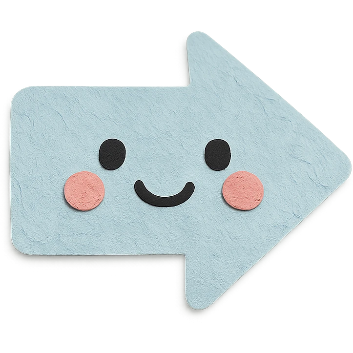 soft pastel kawaii arrow sticker in soft baby blue, paper craft style, with a smiling face emoji