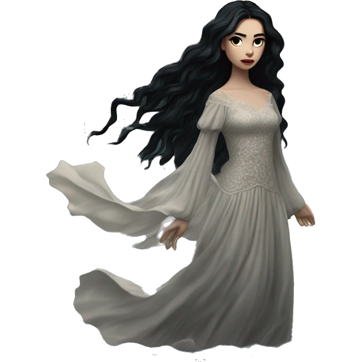 Dramatic girl  very pale with dark lighting  with black hair  in river with very very long lace dress  black long hair flying in the wind emoji