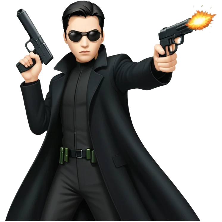 Neo from The Matrix in long black coat, sunglasses, and stopping bullets emoji