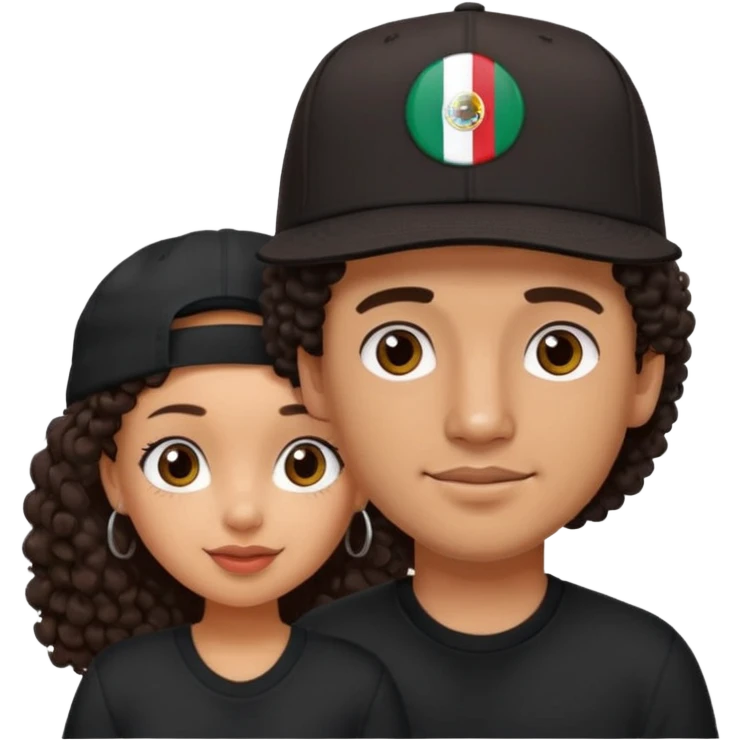 A picture of a cute tanned couple. the man is Mexican, with a bald hair cut wearing a SnapBack hat and a black shirt. the woman is mixed, she has curly longer dark brown hair, thicker and with big boobs  emoji