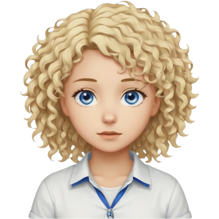 This is a 2D digital anime-style portrait of a female, caucasian, 29 years old light skin. The person has messy stray blond curly hair, round blue eyes.  emoji