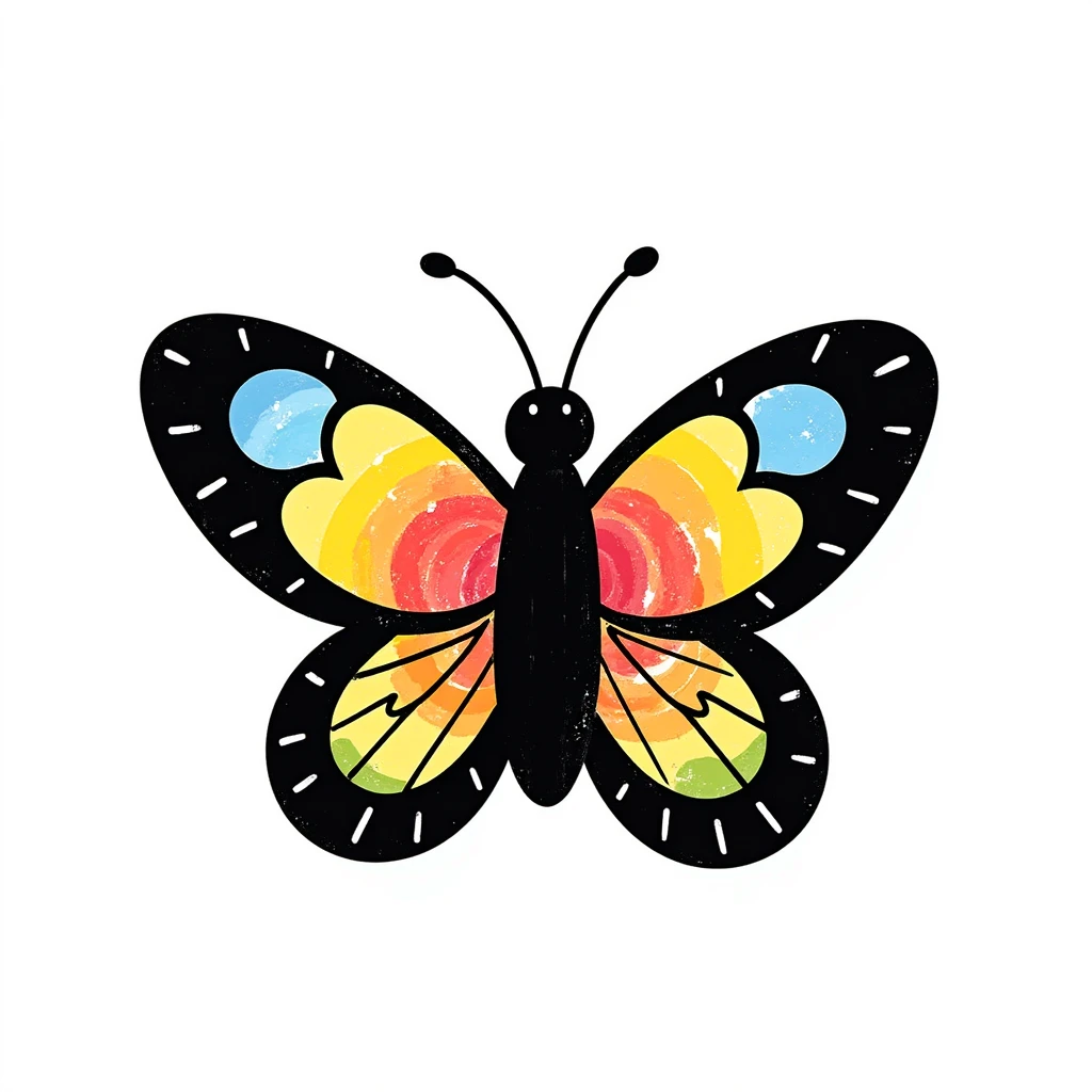 colorful butterfly in childlike crayon doodle style, centered, isolated on white background emoji