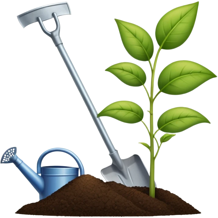 An icon featuring a shovel, a plant symbolizing agronomy. The design includes crops, a field, and a watering can, representing the science of soil management, crop production, and sustainable farming. Transparent background highlights agricultural research and growth. emoji