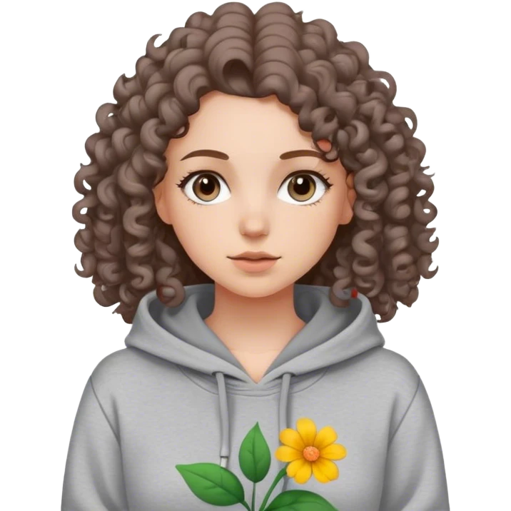 A white girl with curly hair and grey hoodie and a flower print and brown hair  emoji