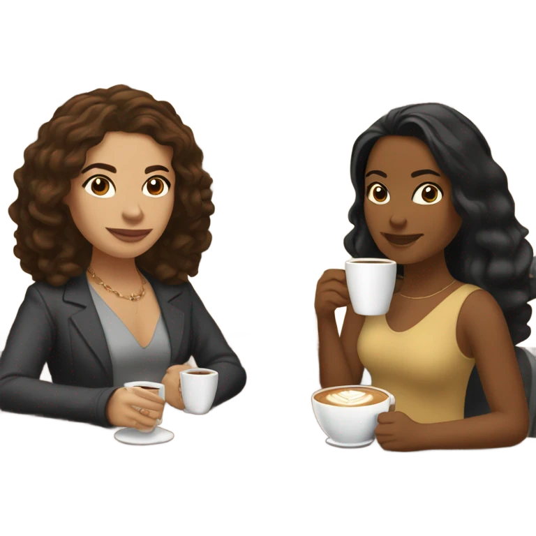 puerto rican woman light skin with shoulder-length, wavy, brown hair drinking latte with Roman woman with black, straight hair drinking espresso at table emoji