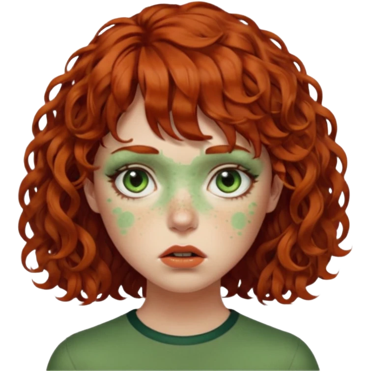 quero que você cria uma mulher, o rosto dela. nela, ela tem cabelo curto e ondulado, tem franja e ela tem semblante triste, deixe ela com pele verde. cabelo cacheado(avermelhado). ( ela tem aparência terroristica) olhos anormais assim como a boca) deixe ela com sardas emoji