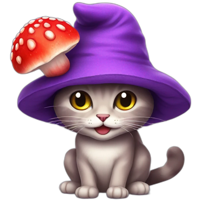 Purple cat in a fly agaric hat smiles evilly emoji