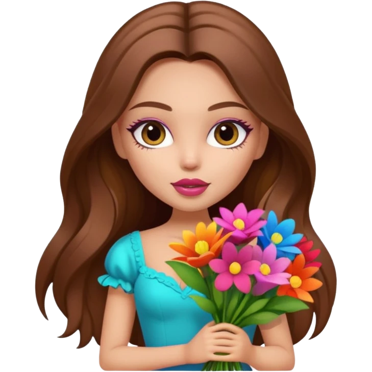 stylish pretty bratz baddie, long brown hair holding big bouet of flowers  emoji