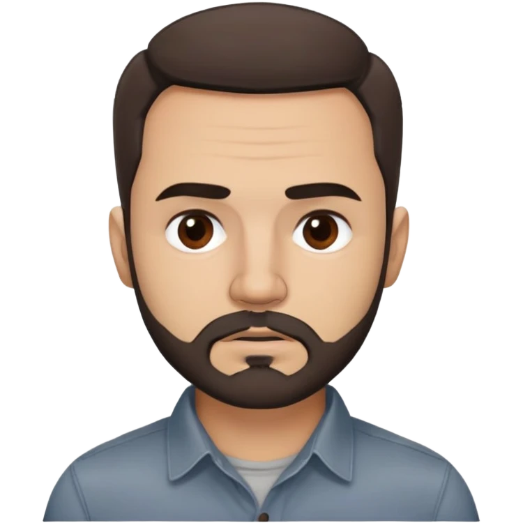 Puerto Rican actor René Monclova with round face, wide jaw, light skin. Expressive dark brown eyes, thick eyebrows. Short brown hair with receding hairline. Messy beard, brown with some gray patches. Wearing a dark button-down shirt. emoji