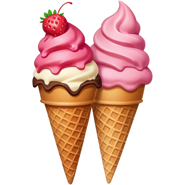 two scoops strawberry and chocolate ice cream in a waffle cone, vibrant colors emoji