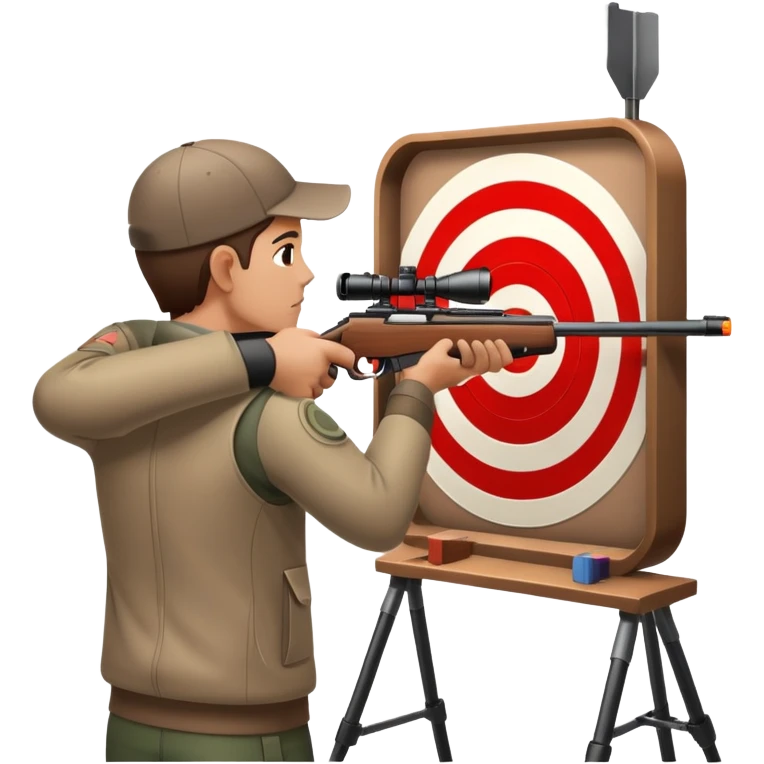 A focused shooter aiming a rifle at a target, standing in a shooting range with perfect posture. The target is in clear view, and the atmosphere is intense and precise, emphasizing concentration, accuracy, and discipline in the sport of shooting. emoji