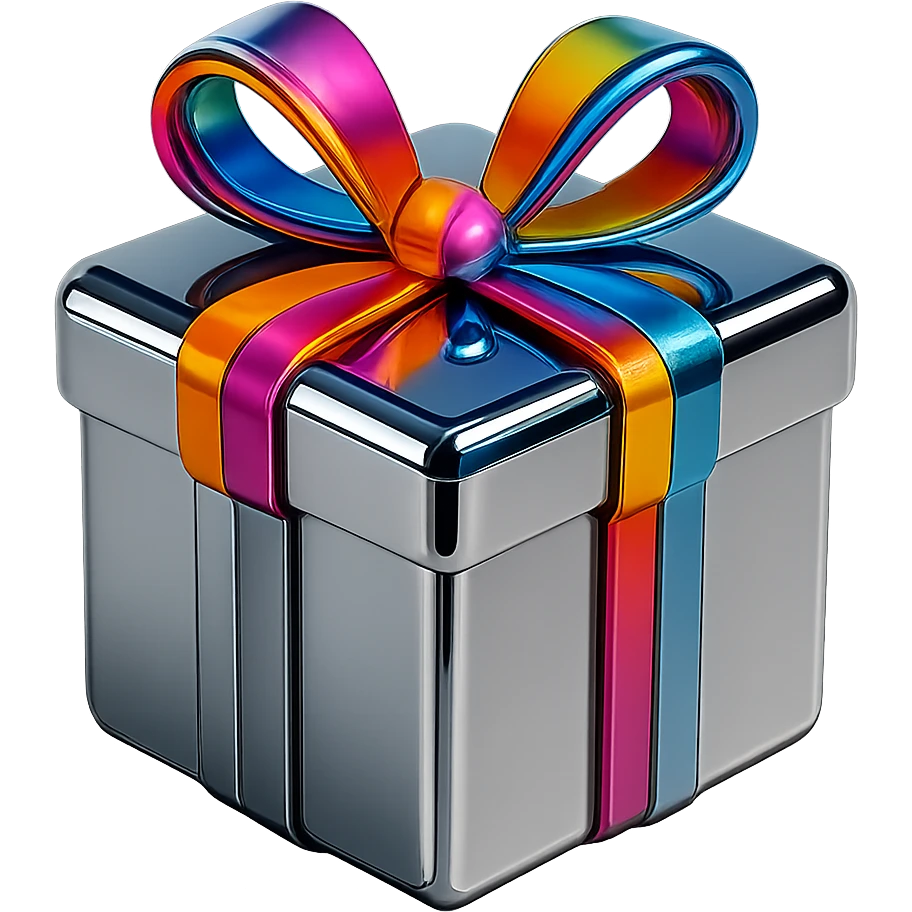 Make the bow on the stylized chrome box colorful while keeping the box futuristic and smooth, no background. emoji