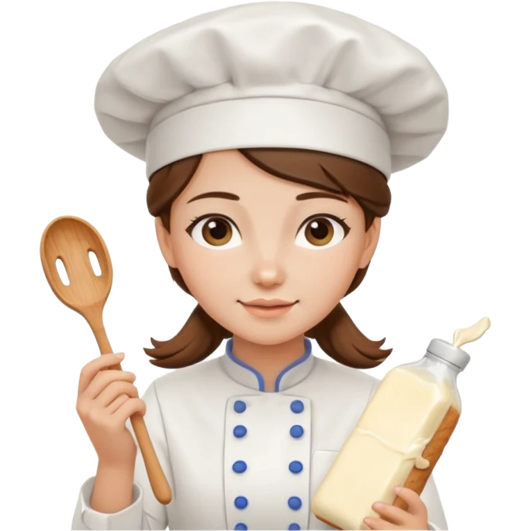 Young female baker - white chef hat, holding cream piping bag to milk oil on bread emoji