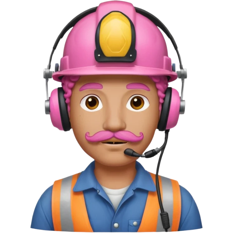 construction worker with pink curly hair and protective headphones and mustache emoji