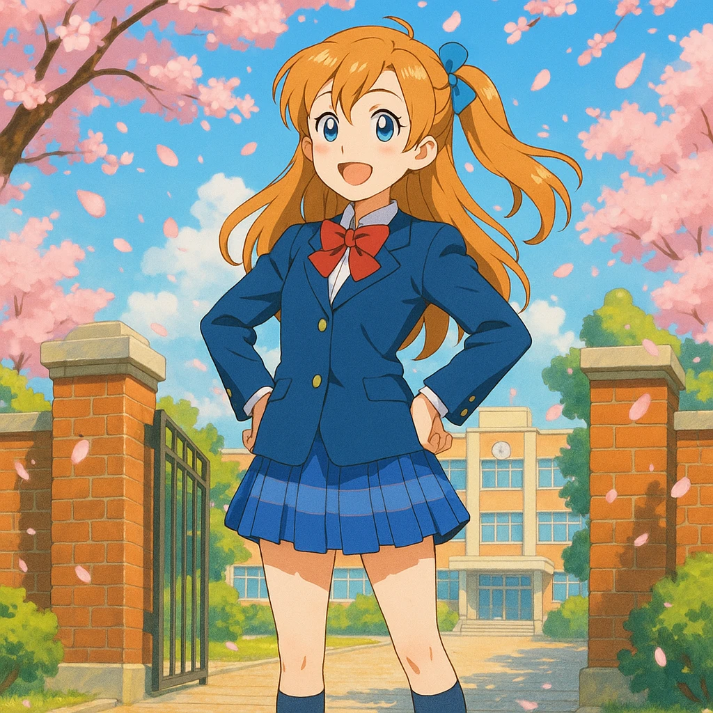 bright and cheerful anime schoolgirl standing confidently in front of her school gate during spring, cherry blossoms fluttering around, long light orange hair in a side ponytail with a blue ribbon, expressive blue eyes, warm smile, classic Japanese high school uniform with navy blue blazer, white blouse, red ribbon bow, blue checkered skirt, knee-high navy socks, brown loafers, vibrant 2D anime style inspired by Love Live!, lively background with high attention to color and lighting emoji
