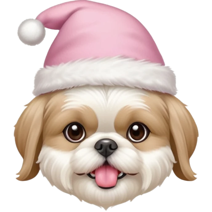 one white all over little shih tzu dog with tongue hanging out sitting with light pink christmas hat emoji