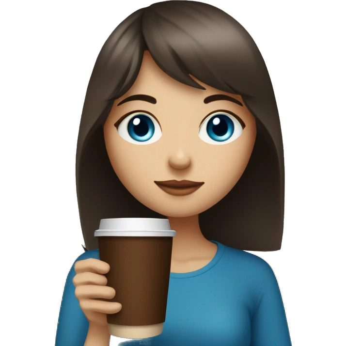 a girl with blue eyes with bangs on dark brown hair drinks coffee emoji