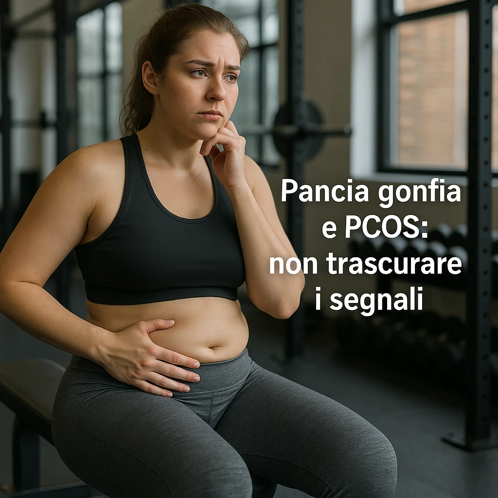 woman in sportswear sitting on a gym bench, hand on bloated belly, thoughtful expression, Italian text: 'Pancia gonfia e PCOS: non trascurare i segnali', 4K quality emoji