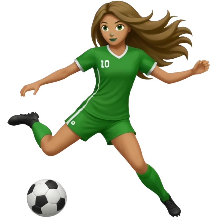 Long Haired Football Players, Female player, green cloth, full body kick ball emoji
