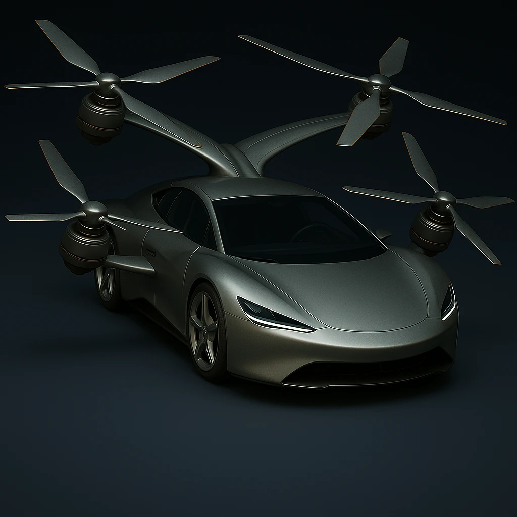Redesign the car to have a more aerodynamic, streamlined shape inspired by high-speed electric vehicles and aircraft. Keep the two wings on top, two on the sides, propellers on all wings, wheels, and metallic photorealistic finish. Remove any boxy or bulky features for a smooth, flowing look. Maintain a photorealistic style. emoji