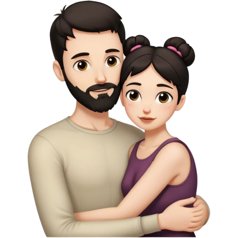 Tall pale guy with dark hair beard no glasses, and short woman with dark hair bun hugging emoji