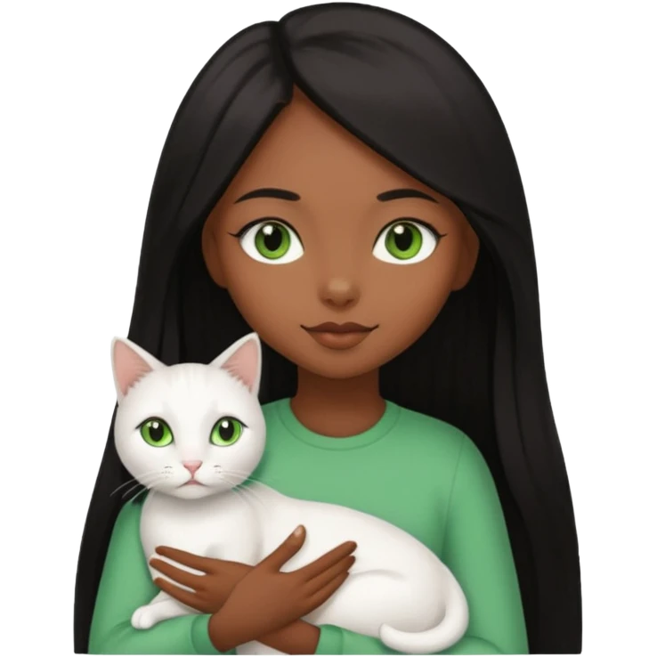 black girl with brown eyes with straight long black hair with a side part.  holding a female white cat. the cat has green eyes emoji