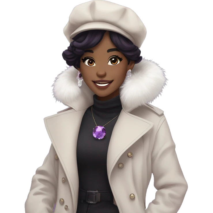 black hair, pale skintone, long messy hairstyle, beret hat, purple eyes, smile, long black trench coat with white fur around the neck, purple crystal earrings, purple crystal necklace emoji