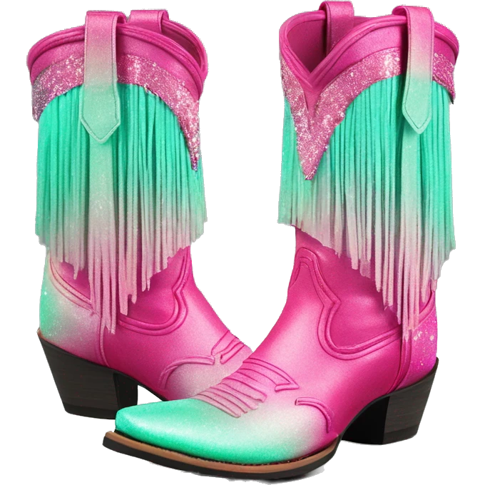 Realistic hot pink to mint green ombre pair of fashion cowgirl boots with sparkly shiny glitter fringe on them. emoji